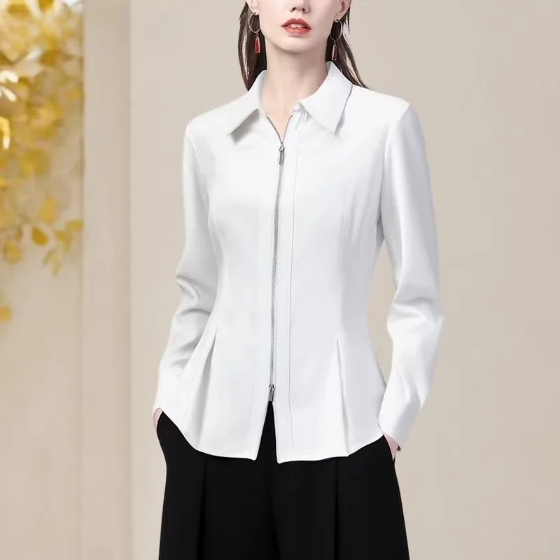 

Womens Long Sleeve Turn-down Collar White Zipper Shirt Fashion Casual Office Blouse 2025 Fall New Polo Tops