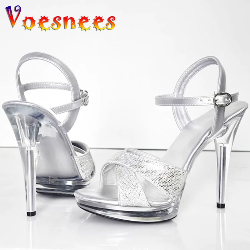 2023 Summer New Women's Pumps Thin Heel Transparent Crystal Shoes 12CM Wedding Dress Bride High Heels Silvery Model Show Sandals