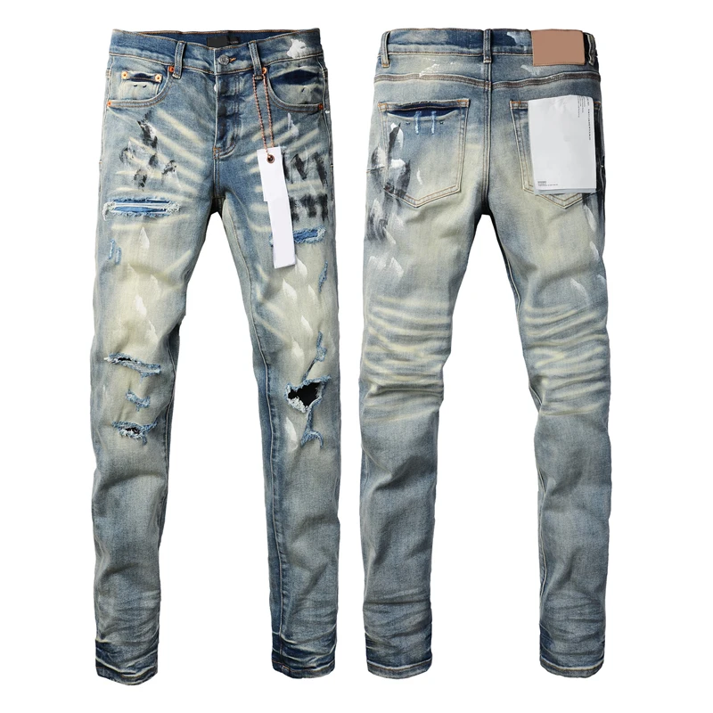 

High Street Vintage Washed Faded Purples Jeans Knee Ripped Upper Body Graffiti Pencil Pants Men's Streetwear Denim Trousers