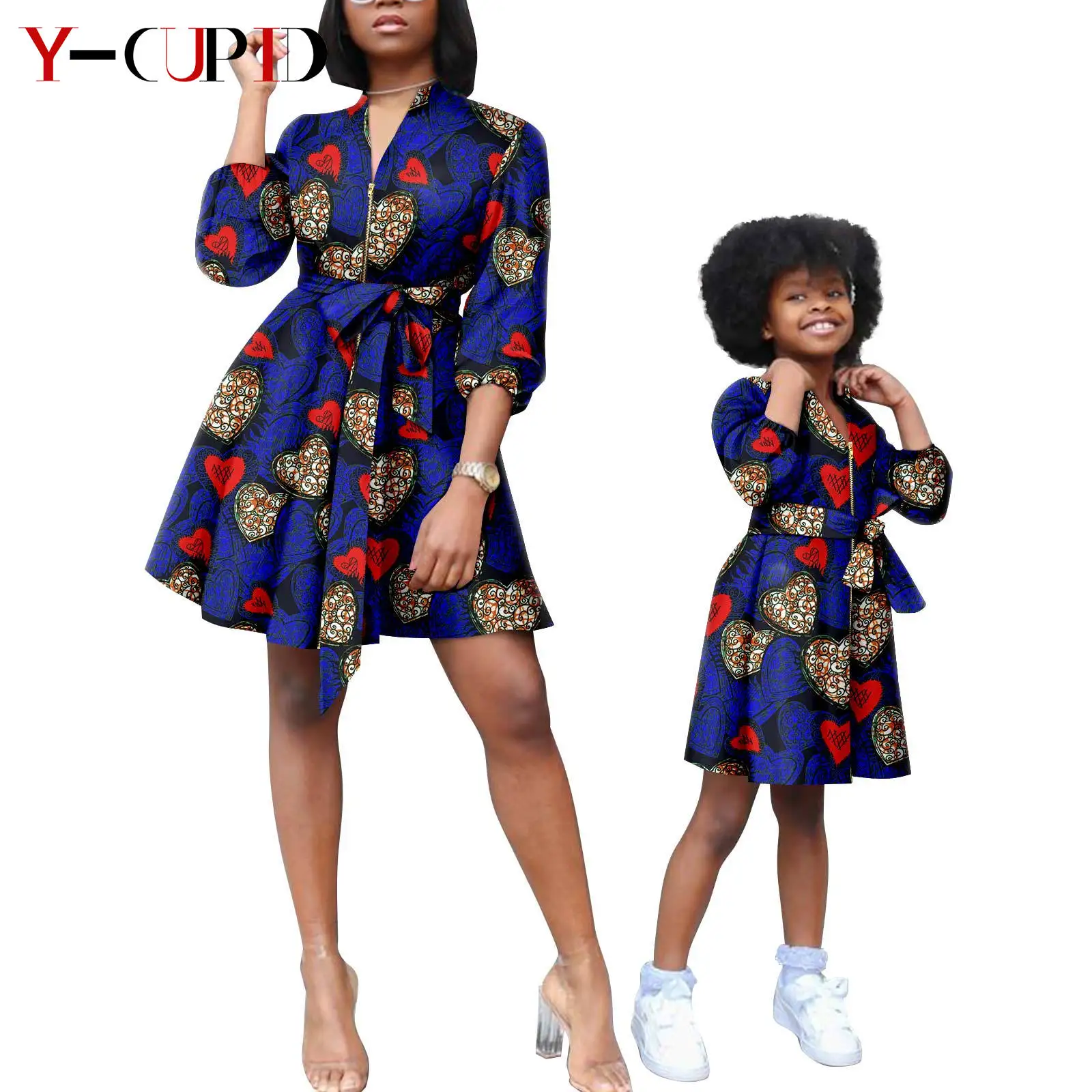 

African Print Mini Dresses for Women Dashiki Family Clothes Bazin Riche Mother Outfits Matching Daughter Coat Vestidos Y23F003