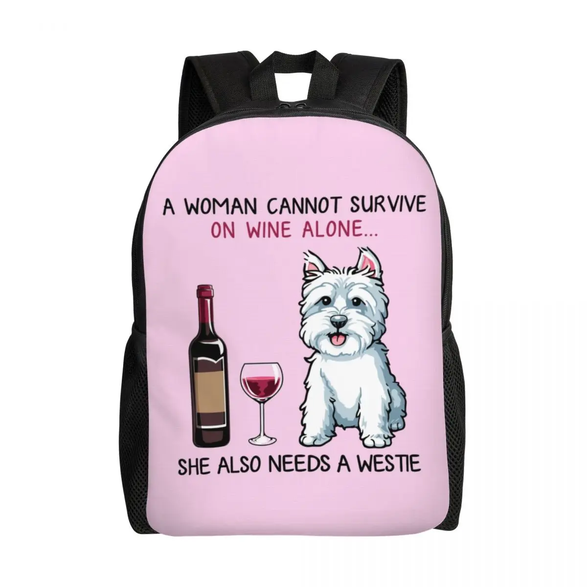 Westie And Wine Funny Dog Cartoon Backpacks Water Resistant College School West Highland White Terrier Bag Print Bookbags