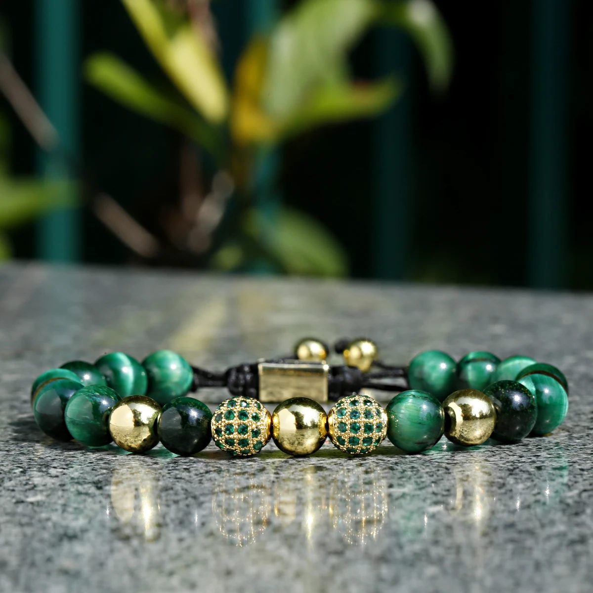 Luxury Green CZ Zircon Ball Weaving Bracelet for Women Men Natural Crystal Tiger Eye Yoga Bracelets Adjustable Wrist Jewelry