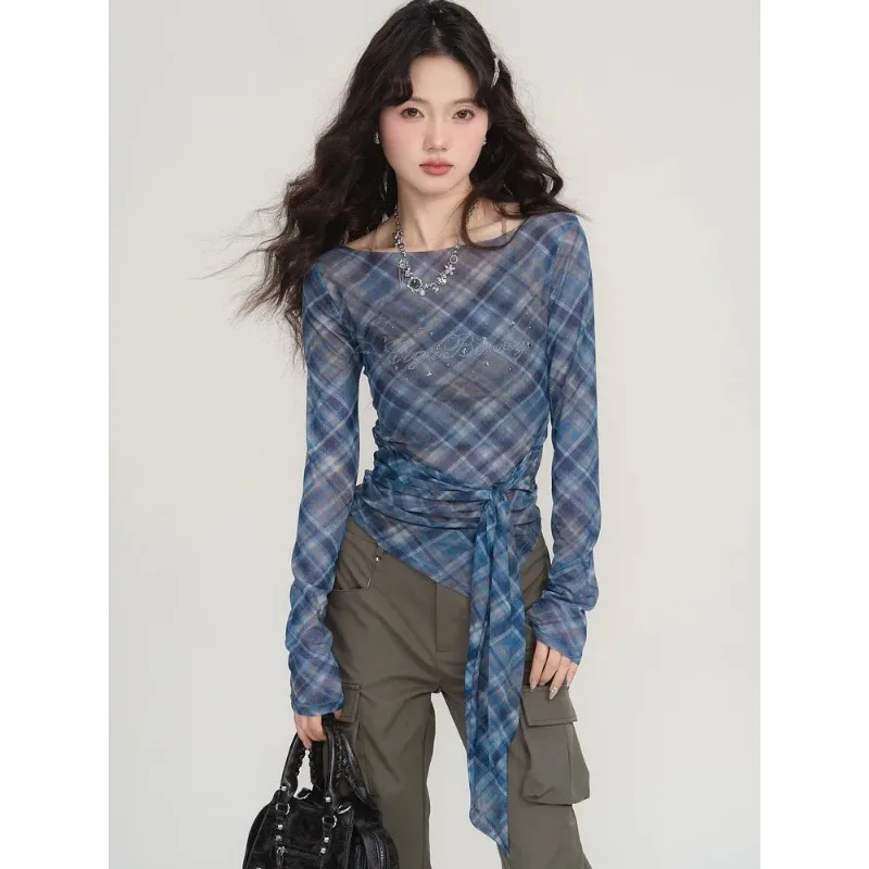 

Fashionable Sweet and Cool Perm Mesh Long-sleeved Women's Pullover New Niche Design Printed Versatile Slightly See-through Top