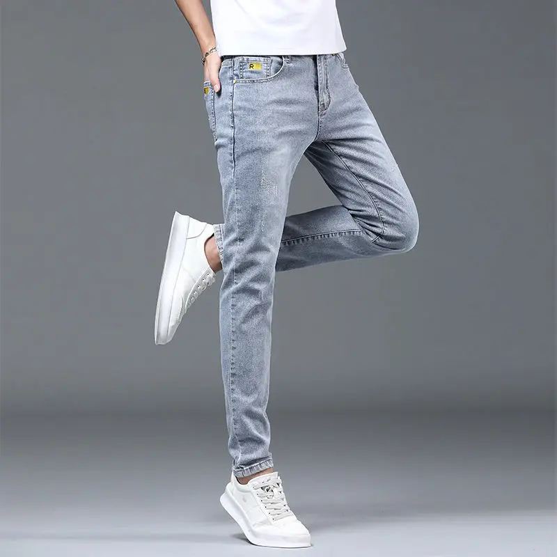 Harajuku Fashion Korea Designer Slim Jeans for Men Cowboy Streetwear Denim Full Length Pants Versatile Design Casual Trousers