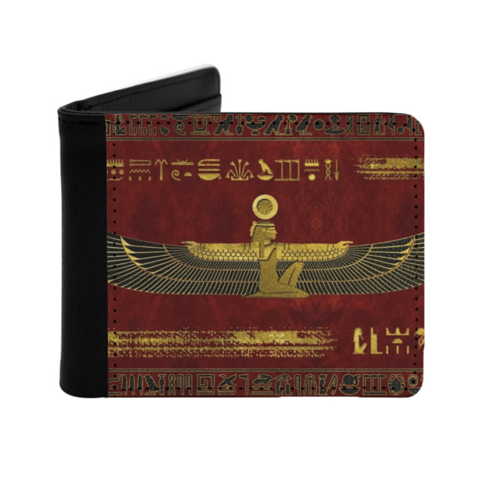 Golden Egyptian God Ornament On Red Leather Leather Men Wallets Credit Card Holder Purse Black Wallet Egypt Egyptian Pharaoh