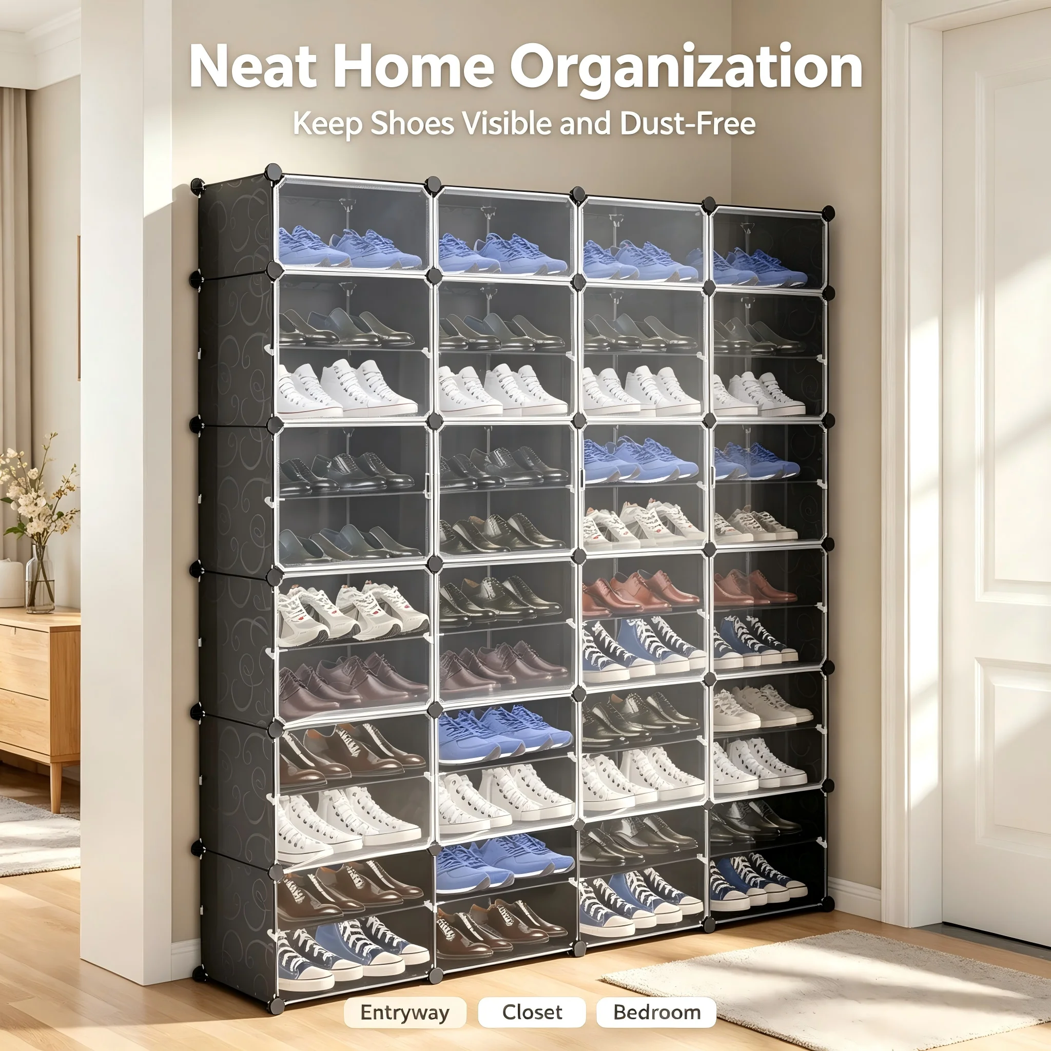 Modular DIY Shoe Storage Cabinet, 36 Cubes Stackable Shoe Organizer with Dustproof Clear Flip Doors, Holds Up to 72 Pairs Free Standing Shoe Rack, Adjustable Plastic Shoe Shelf for Entryway Closet Bedroom Mudroom, 72