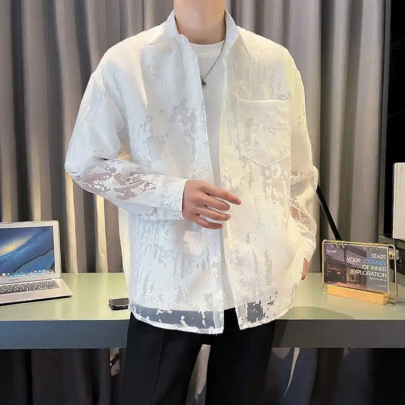 Men Summer Hollow Flowers Organza See Through Long Sleeve Vintage Loose Casual Shirts Women Oversize Blouses Party Dress Shirt