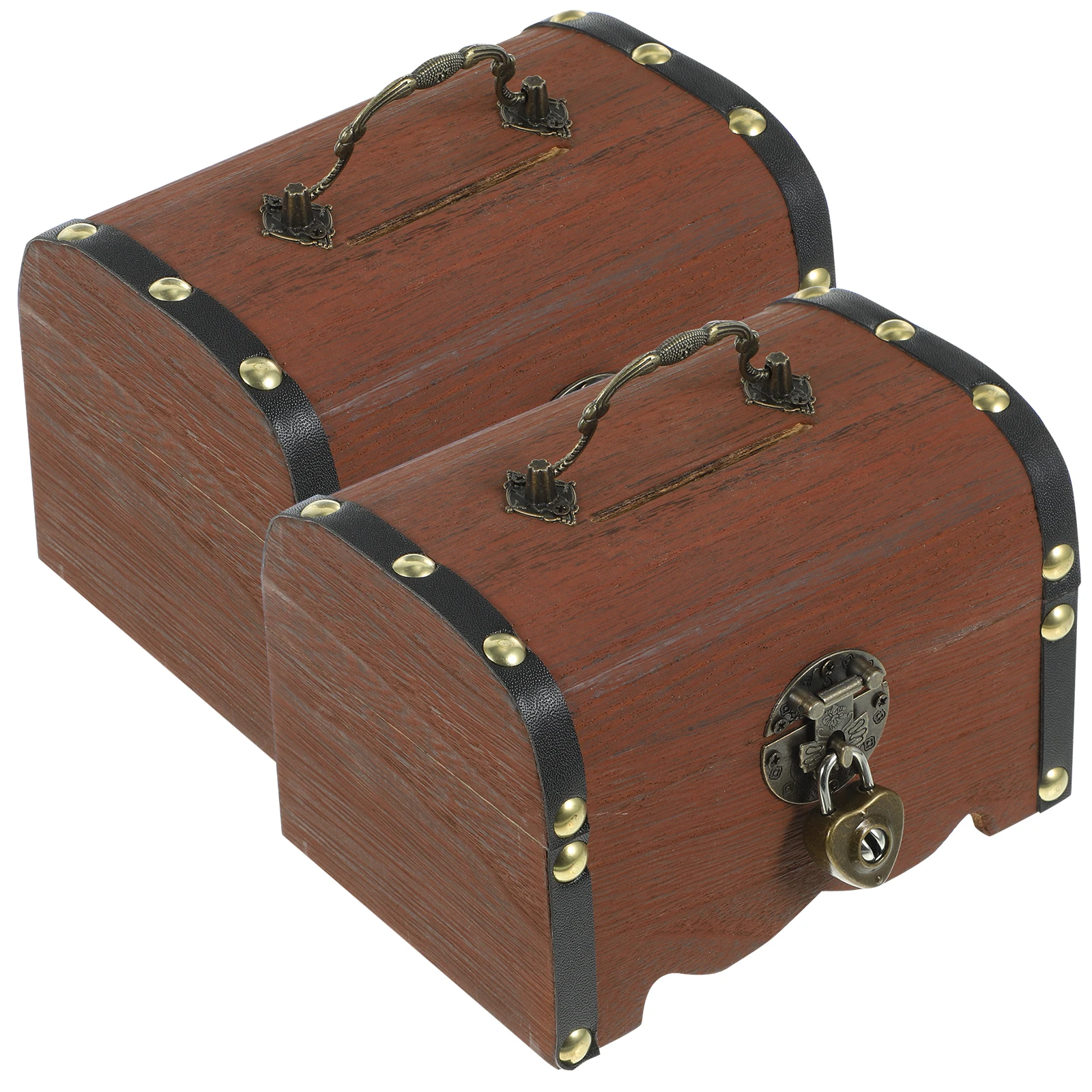 

2pcs Wooden Treasure Box Lock Vintage Storage Boxes Classic Retro Copper Piggy Bank Coin Home Office Decor Gifts