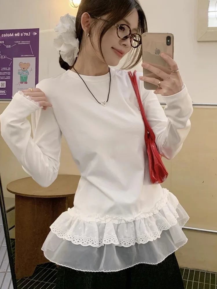 レーストリム長袖tシャツレディース初春新作インナーウェアスリムフィットホワイトバレエスタイル重ね着ベースシャツ