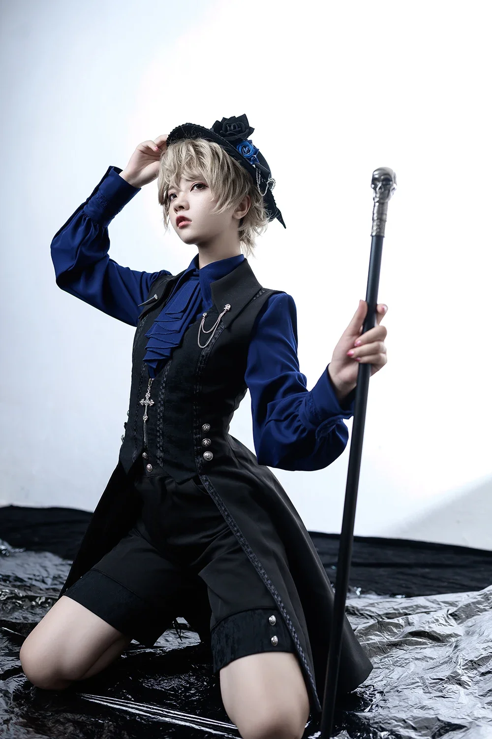 Pre-order Ouji Lolita Black and Blue Vintage Lolita, Middle Ages Little Prince Long Vest by Princess Chronicles