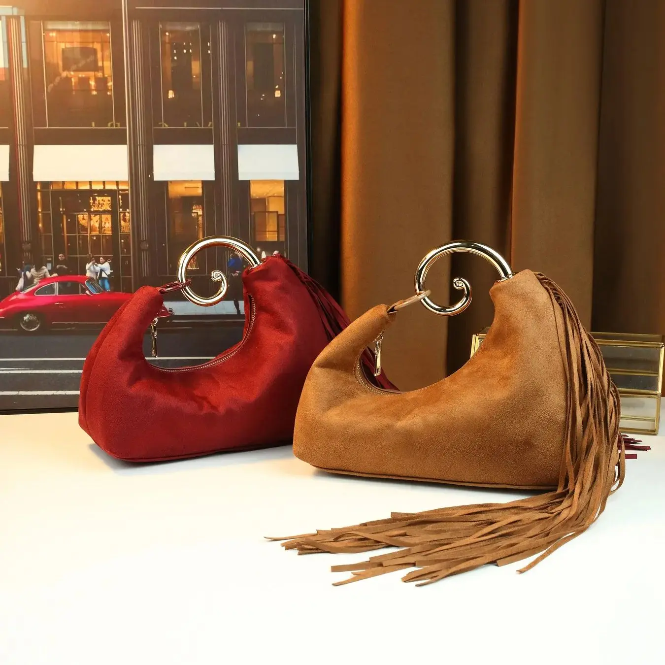 

2026 Luxury Fashion Designer Metal Handle Women's Tassel Handbags Women Faux Suede Tassel Decoration Evening Party Bags