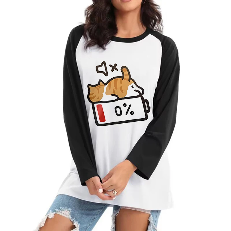 Lustiges Damen-T-Shirt im Retro-Stil mit Katzendruck, langärmeliges T-Shirt für Damen, alle Jahreszeiten, Rundhals-Tops, T-Shirts, Y2k-T-Shirt-Kleidung