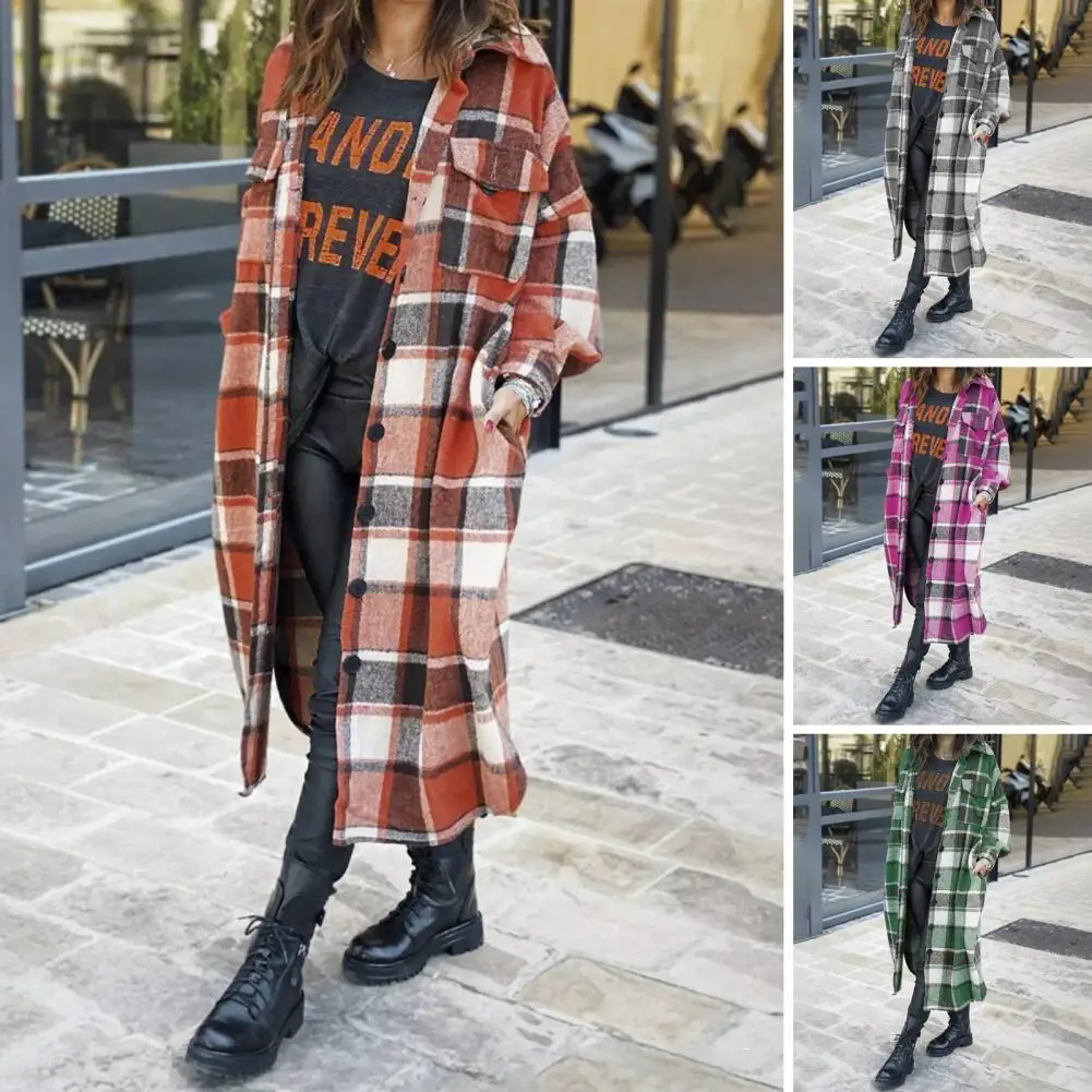 

Women Plaid Long Coat Plaid Print Shirt Coat with Chest Pockets for Women Stylish Mid Length Jacket for Wear Outdoor Activities