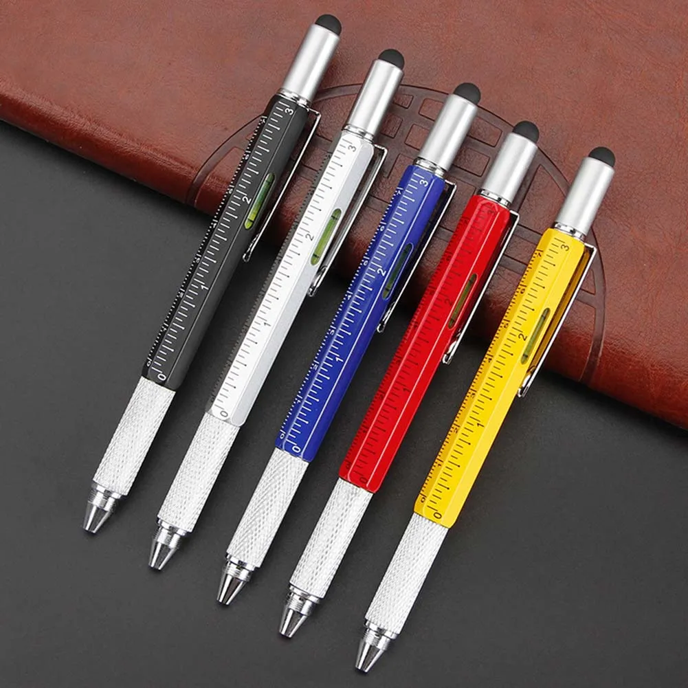 1pc Multi-Function Tool Pen Built-inLevel Scale Touch Screen 6in1 Metal Ballpoint Pen Soft Rubber Tip Refillable Refills