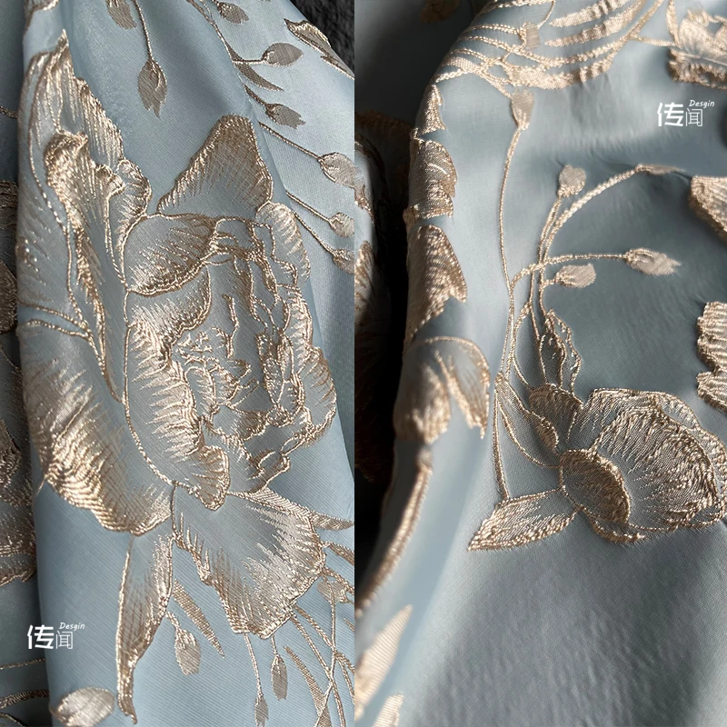 Water Blue Embossed Gold Silk Jacquard Fabric Three-Dimensional Profile Sofa Cover Bag Coat Clothing Designer Fabric