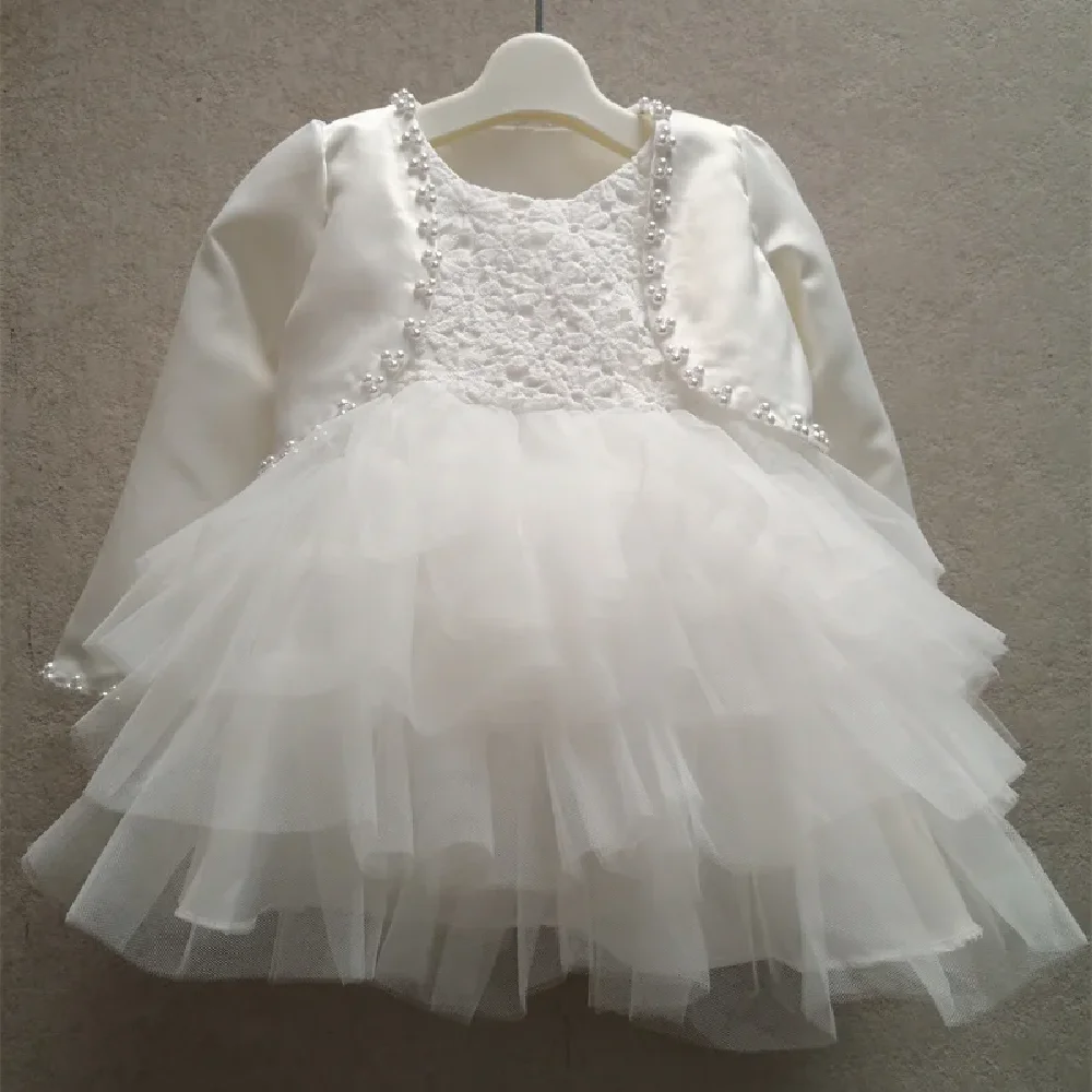 Dollbling Baby Girl Tutu Dress White Floral Lace Pom Pom Toddler Birthday Party Princess Gown Flower Girls Dresses