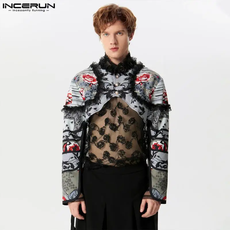 2024 Men Irregular Shirt Lace Printing Patchwork Lapel Long Sleeve Crop Tops Men Streetwear Fashion Casual Camisas S-5XL INCERUN