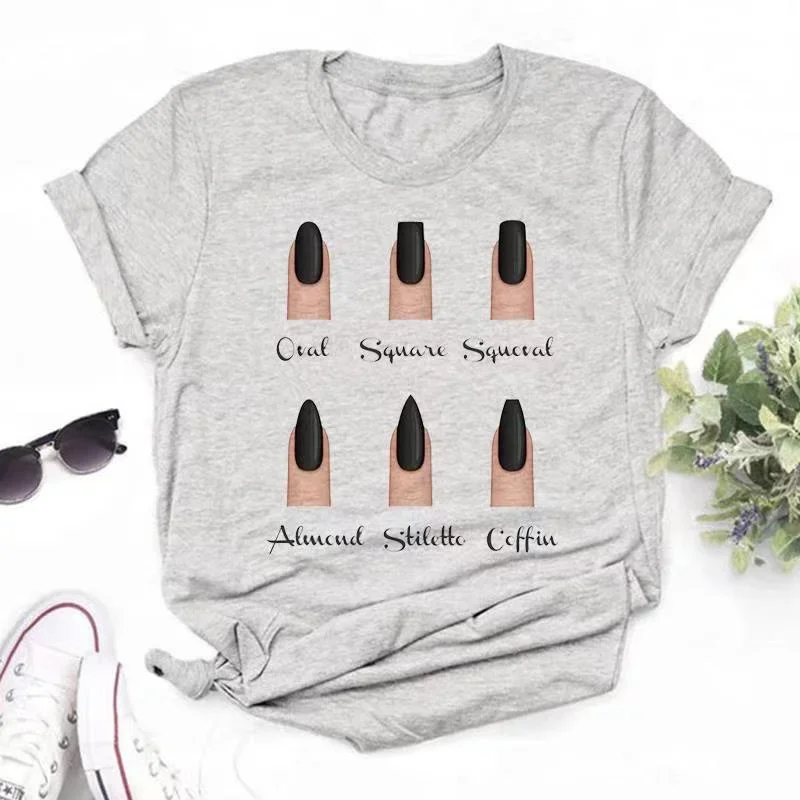 Aesthetic Lady T-Shirt - Fashionable - Female Cartoon Pattern Finger Nail Decorations - Cute Printed Top - Women's T-Shirt