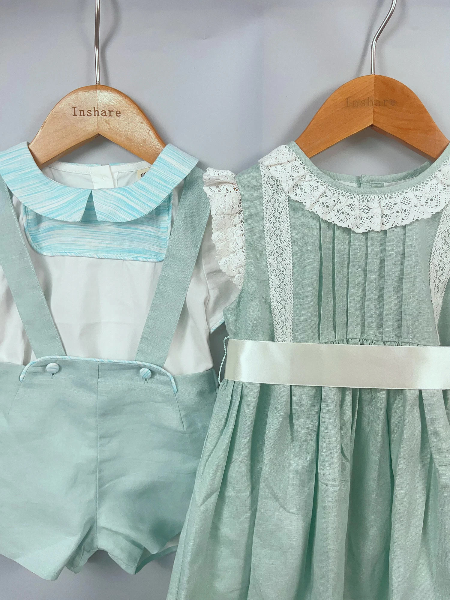 Summer Boys Girls Blue Green Cotton Linen Overalls Boys Sets Pure Cotton Girls Dress Lace High-end Custom Sister Brother Outfit