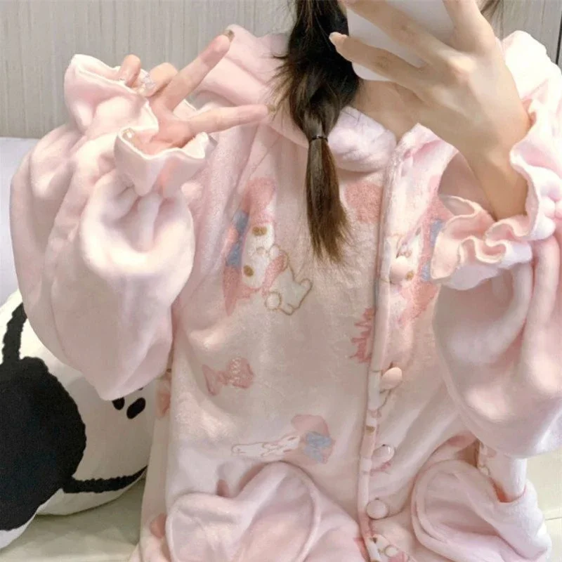 Sanrios My Melody Anime Kawaii Cute Coral Fleece Pajamas Women Winter Thickened Plush Hooded Home Nightwear Christmas Gifts