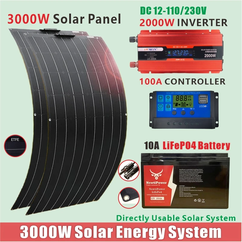 

3000W Solar Panel System Kits For Home With 2000W Inverter DC 110V/230V Solar Panel 100A Charge Controller 10Ah LFP4 Battery