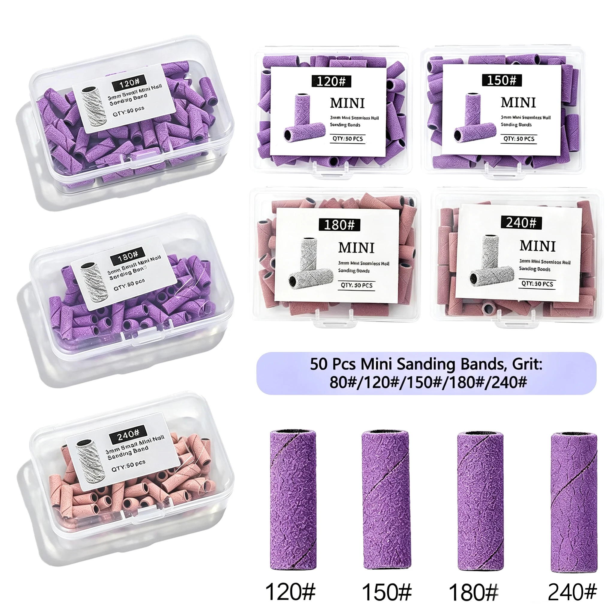 Approx. 50Pcs/Box Nail Sanding Bands for Electric Nail Drill, Grit 80#/120#/150#/180#/240#, Nail Grinding Files, Manicure & Pedi