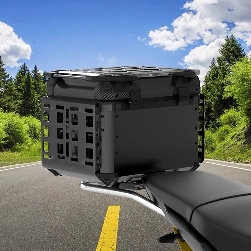 

45L Aluminum Alloy Motorcycle Tail Box, Quick Release Foldable Rear Luggage Trunk Waterproof Lockable Storage Touring