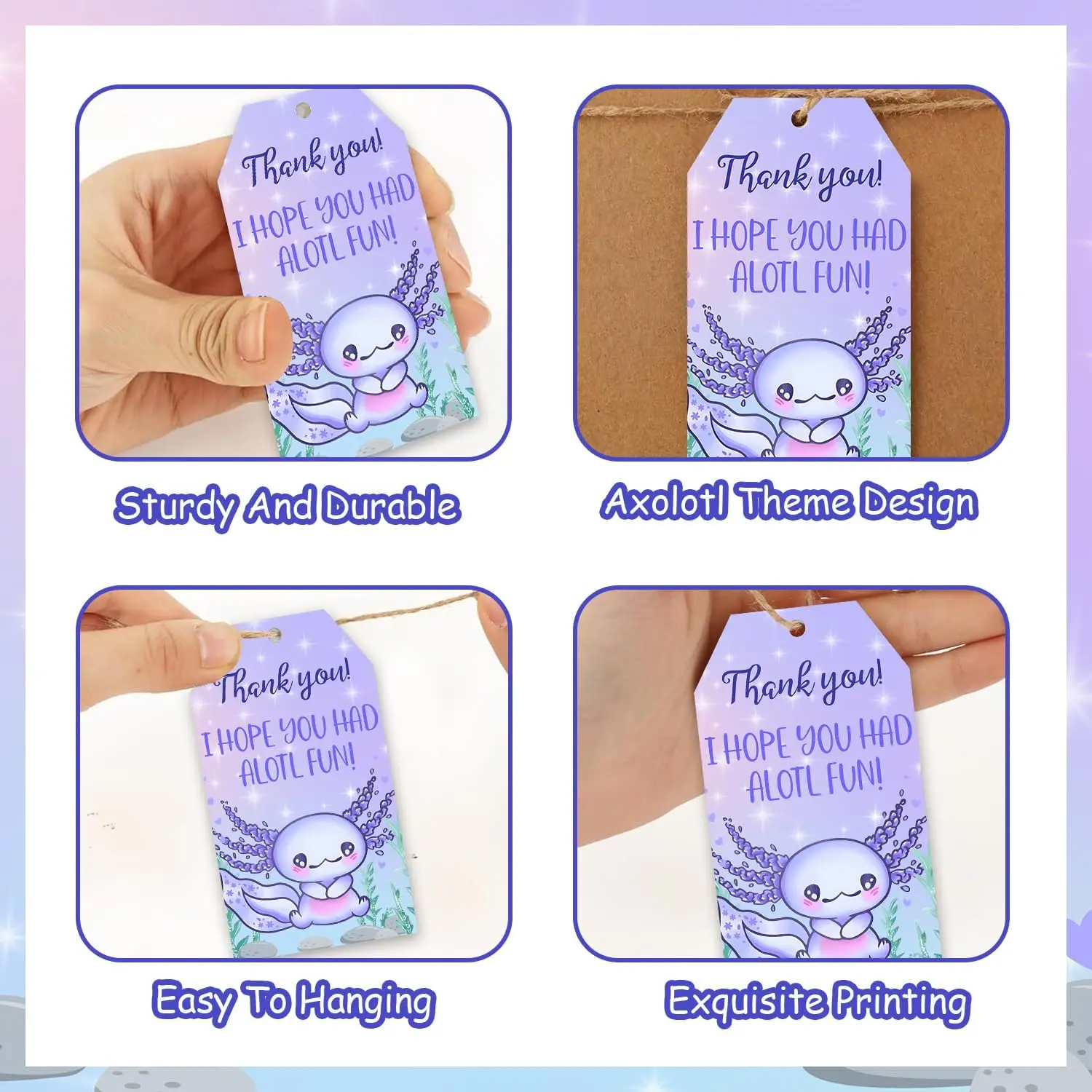 Obrigado Embrulho Tags, Favor Axolotl, Roxo, 50pcs Espero que você tenha diversão! Festa aniversário tema Axolotl roxo