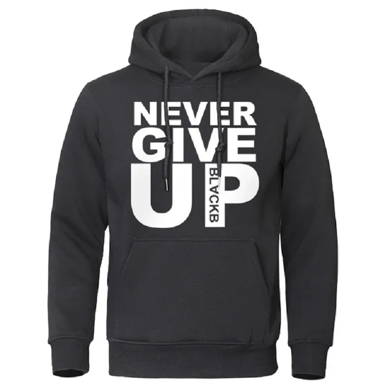 Fashion Man's Autumn Hoodies Never Give Up Print Sweatshirts Casual Male Long Sleeve Outdoors Fit Hoody Big Pocket Sportswear