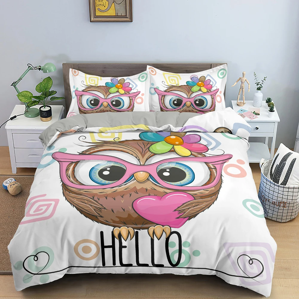 Cartoon Owl Duvet Cover King Queen Cute Night Animal Bedding Set for Kids Boys Girls Boho Style 2/3pcs Polyester Comforter Cover