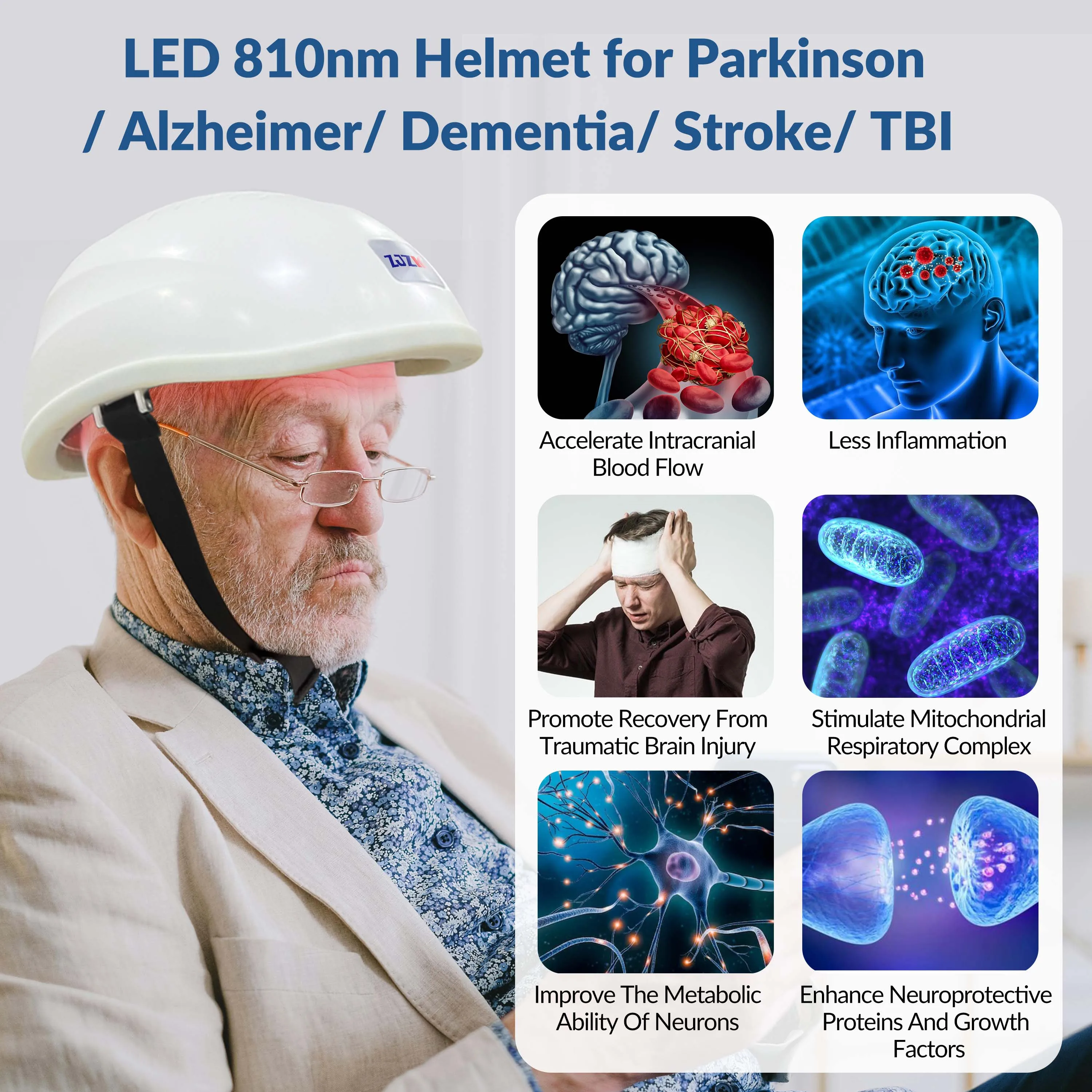 Dispositivo Tdcs para lesiones cerebrales traumáticas ZJZK, terapia de luz roja Parkinson, 810nm x 280 diodos para acidente vascular cerebral, Parkinson neurodegenerativo