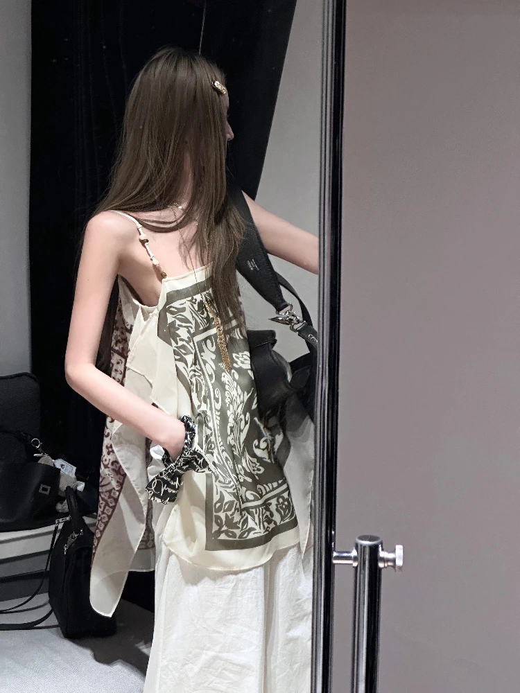 

Trendy Artistic Printed Color Blo Strap Top Versatile Flat Mouth Design Silk Women's Faionable Summer Holiday Sle Top