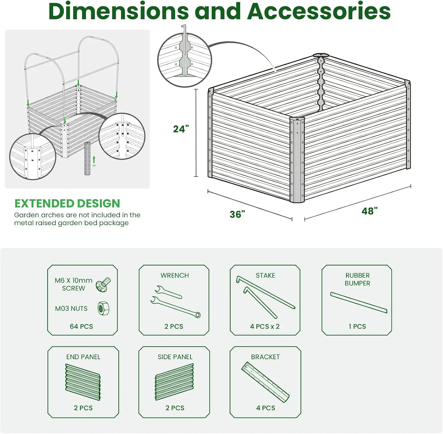 صندوق زراعة سرير الحديقة المرتفع المجلفن للنباتات الخارجية - صناديق حديقة معدنية طويلة جدًا 24 بوصة للخضروات - 48 بوصة × 36 بوصة × 24 بوصة Mi #5
