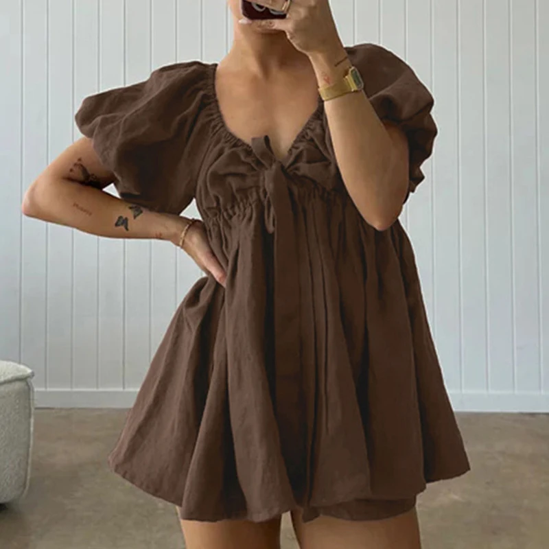 

Sweet Puff Sleeve Summer Two Piece Set Casual Solid Color Bow Lace Up Beach Suit 2026 Sexy V-neck Top and Shorts Women's Outfit