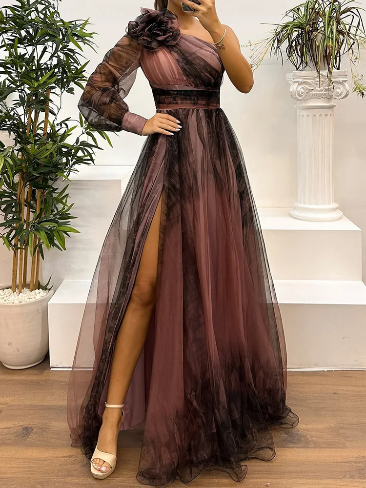 Spring Autumn Gauze Patchwork Simple Party Dress, Women Printed Holiday Long Sleeve Maxi Dress, Skew Collar Fashion Ladies Dress
