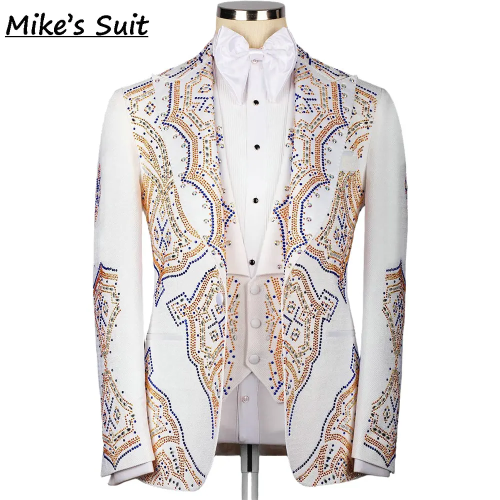 White Handmade Beading Crystal Formal Men Suits For Prom Wedding Groom Tuxedo 3 Pieces Man Suit Jacket Vest And Pants