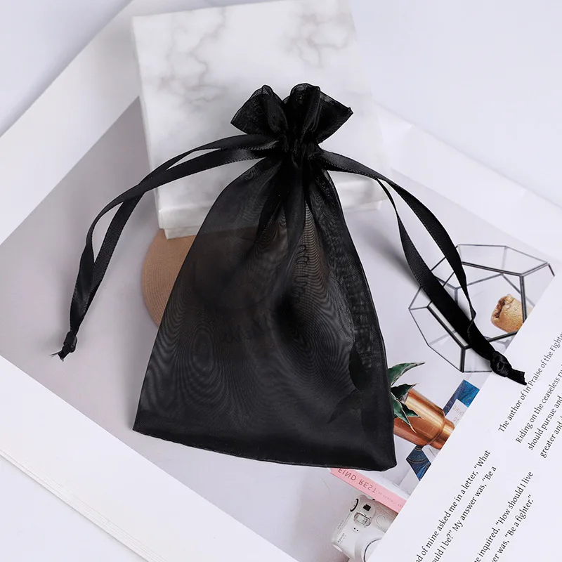 100pcs/lot 7x9 9x12 10x15cm 50-screw Thickened Organza Drawstring Bags Black & White Wedding Candy Gift Packaging Pouches