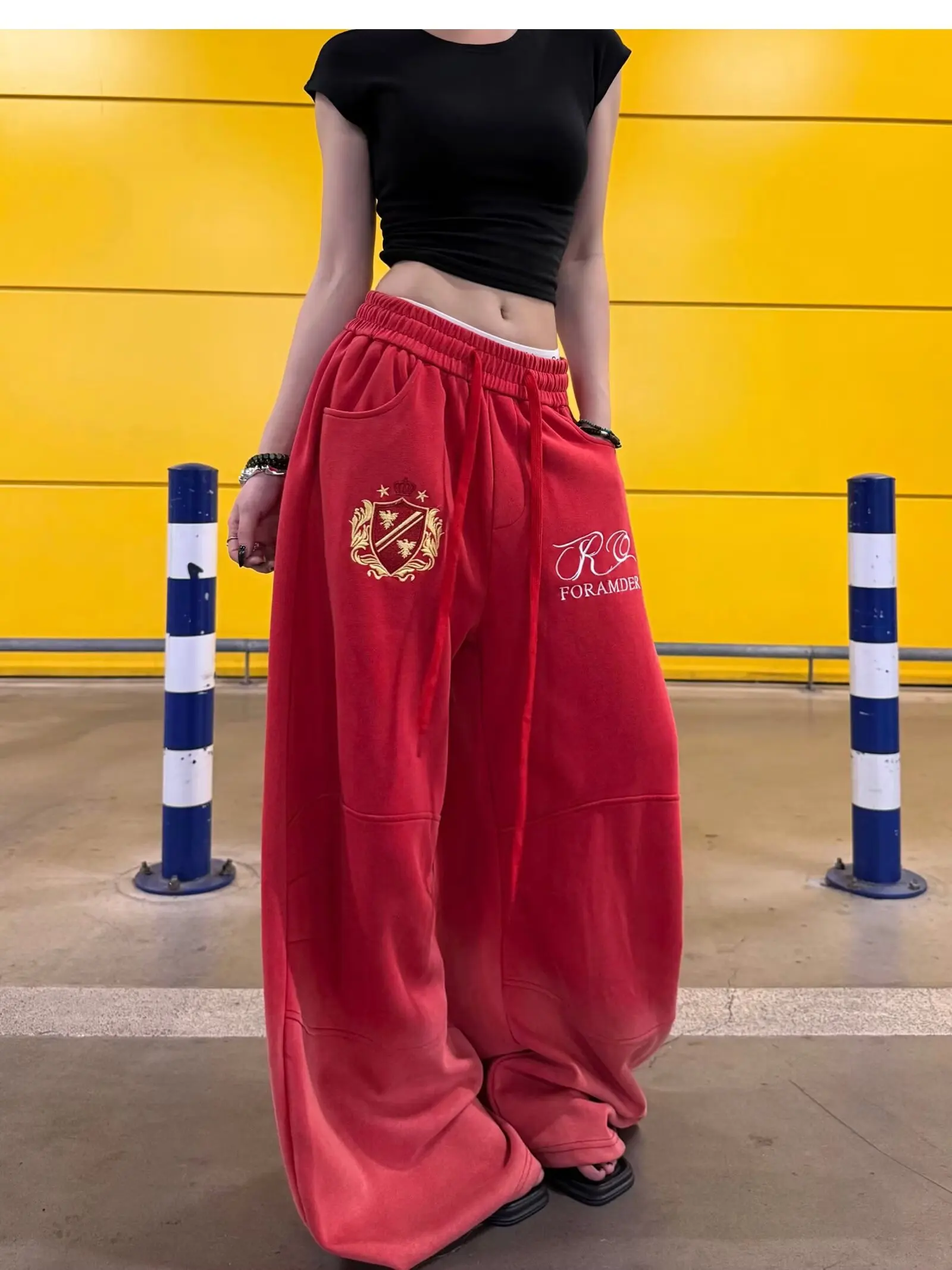 Loose Women's Red Printed Retro Hot Girl Dance Wide Leg Pants Casual Sweatpants Autumn New Style Versatile Loose Fit Pants