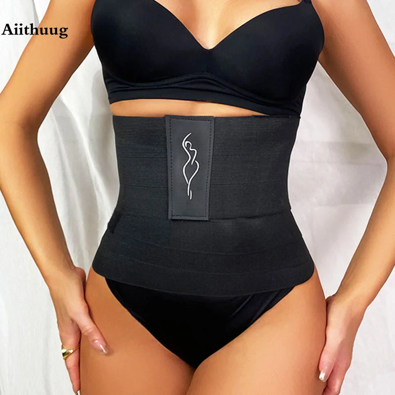 Aiithuug Waist Trainer for Women Snatch Bandage Tummy Wrap Plus Size Workout Waist Trimmer for Gym Sport Front Logo Spandex Wrap