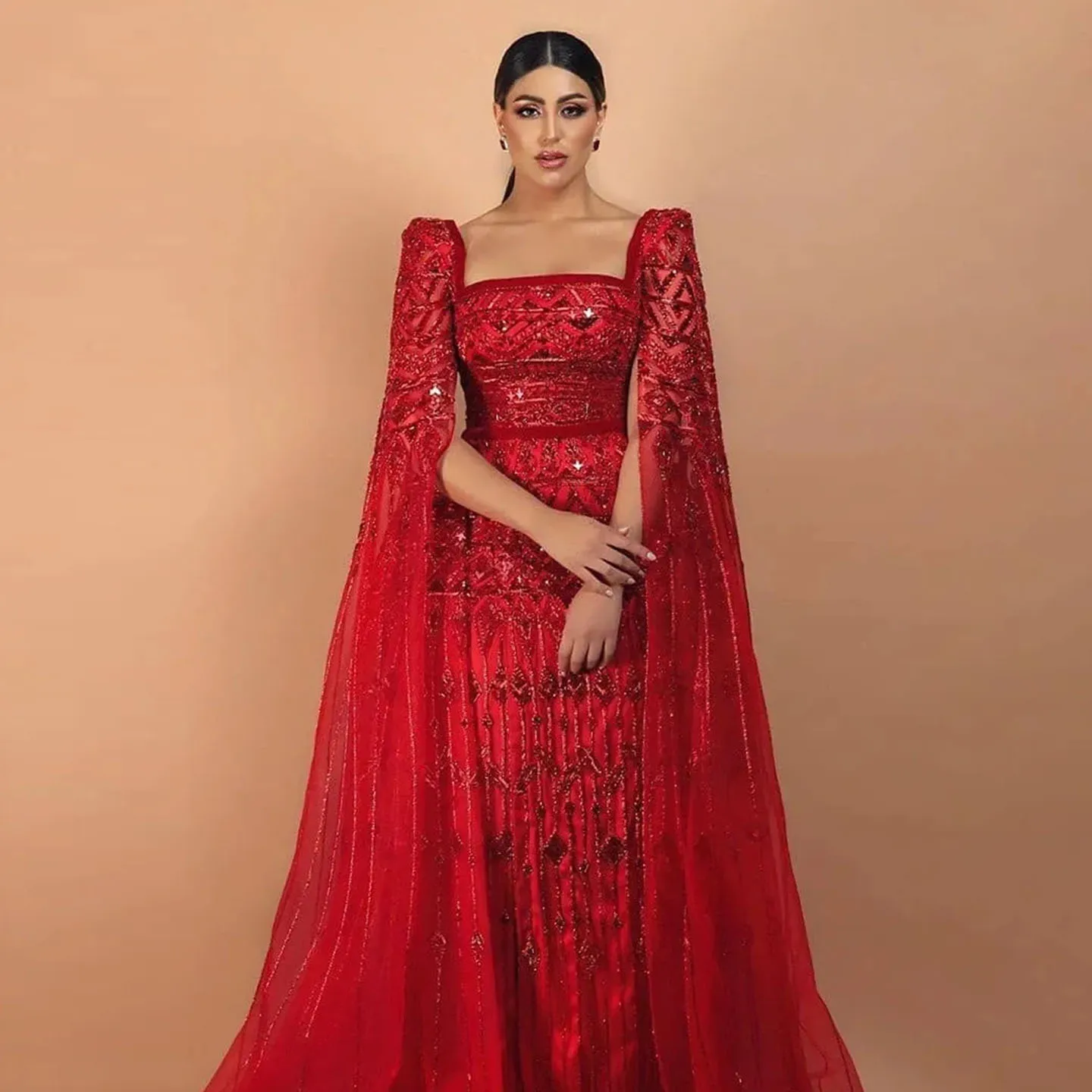 Sharon Said Wine Red Luxury Arabic Burgundy Evening Dress Beaded Cape Sleeve Saudi Women Wedding Guest Party Gowns SS461 Custom