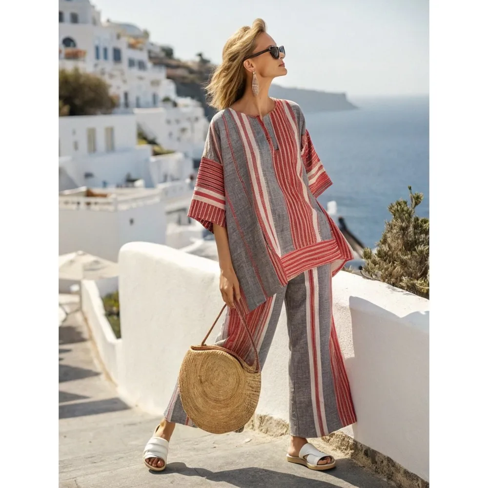 

2025 Summer New Stripe Printed 2 Piece Casual Loose Beach Vacation Sets Elegant Half Sleeve O Neck Tops & Pocket Pants Outfits