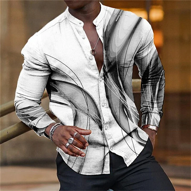 Camisa de manga larga con cuello de botón para hombre, ropa de calle informal con estampado 3D de línea Digital, nueva moda de verano