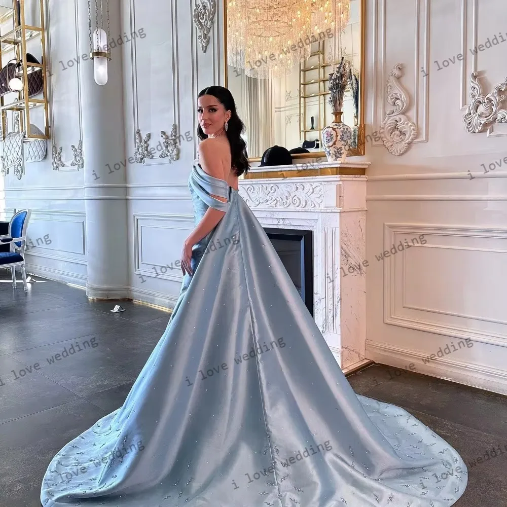 Suknie ślubne 2025 Sky Blue Suknia ślubna dla kobiety z odkrytymi ramionami Satynowe eleganckie suknie wieczorowe na zamówienie