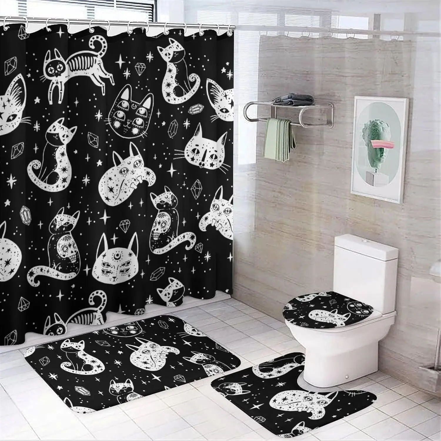 

Набор для ванной комнаты из 4 предметов с кошками ведьмы на Хэллоуин, коралловыми флисовыми ковриками, крышкой для унитаза и водонепроницаемой занавеской для душа из ткани Оксфорд