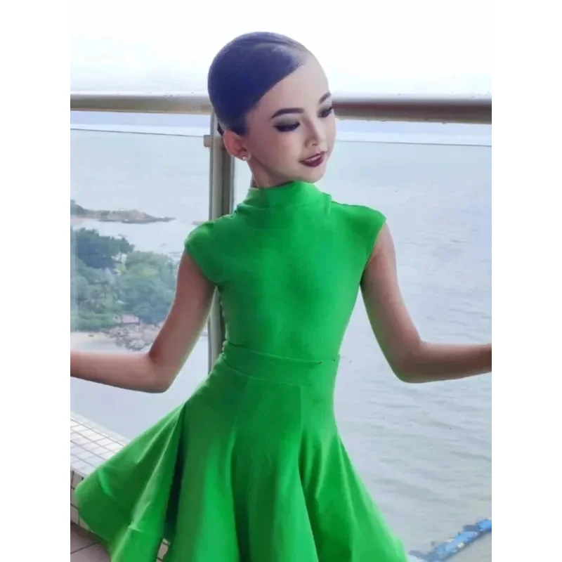 

★Halloween Cosplay Costume Green ballroom latin Short Sleeve dress girls american dance rumba cha sa♥ All corners of the country