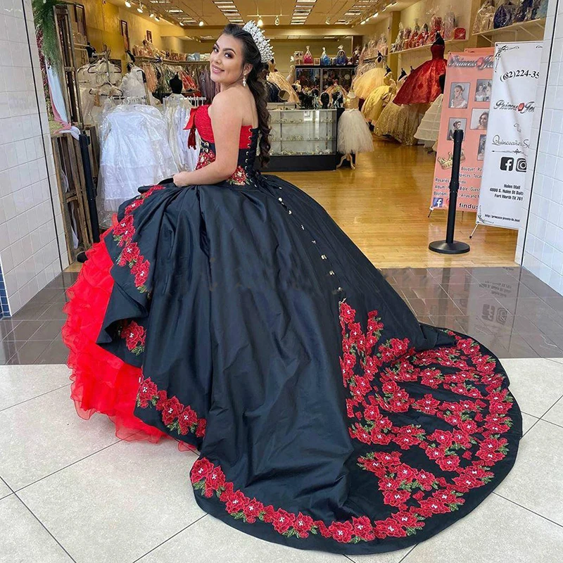 Vestido de baile rojo y negro, quinceañera, Organza, con volantes, para baile de graduación, Apliques de encaje, 16 vestidos de fiesta para desfiles