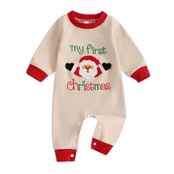 Baby Christmas Romper Letter Santa Claus Embroidery Long Sleeve Crew Neck Full Length Jumpsuit