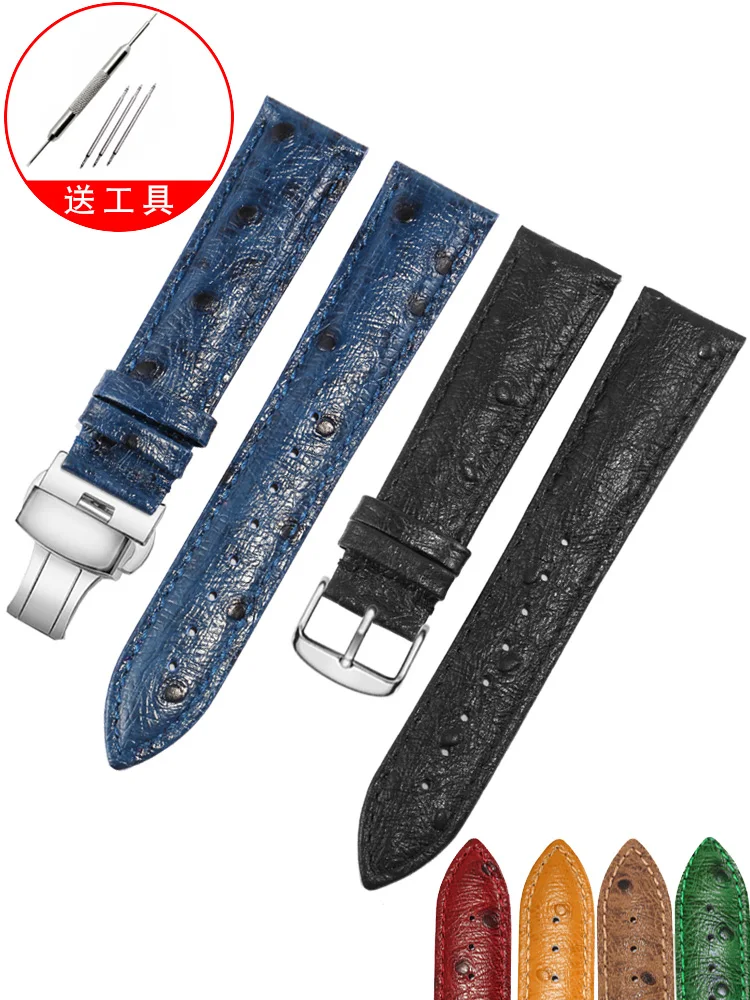 Ostrich Pattern Genuine Leather Watch Strap with Substitute O-m-e-g-a C-i-t-r-oen Men's and Women's Butterfly Buckle Watch Chain