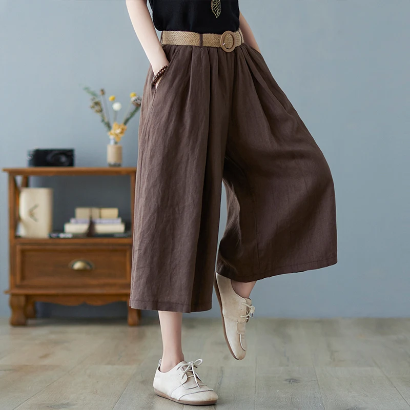 Pantaloni casual da donna vintage a gamba larga estivi stile giapponese tinta unita elastico in vita pantaloni semplici di base comodi al polpaccio
