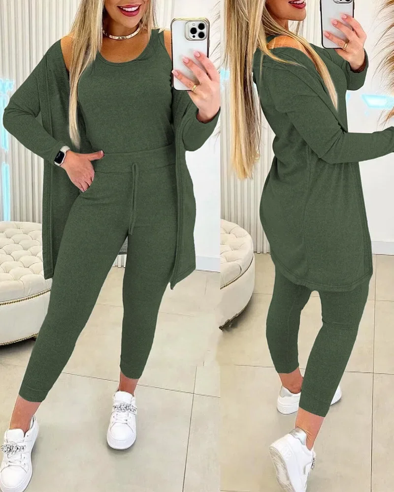 Woman Three-piece Round Neck Sleeveless Tank Top and Drawstring Tight Fit Pants Set with Coat 3ps Sports Suit